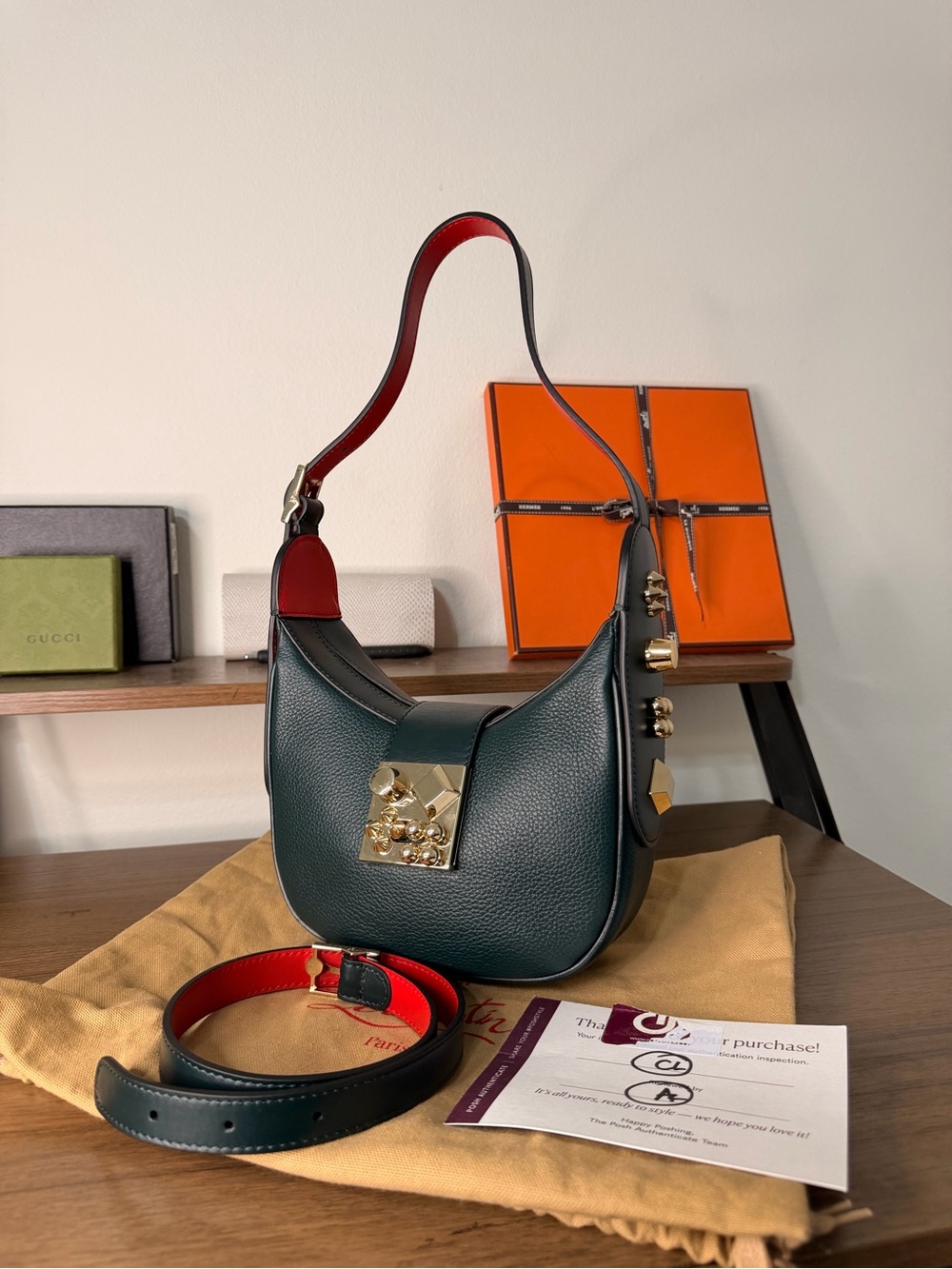 AUTHENTIC - Louboutin Small Leather Carasky in Dark Forest Green/Red